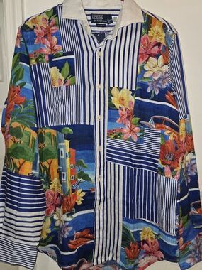 Polo by Ralph Lauren Multicolor Blue Striped Floral Patchwork Button-Down Shirt